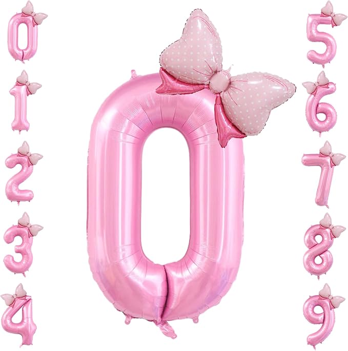 40 inch Number 0 Balloon with Bow Pink Happy Birthday Jumbo Number Balloon by OIBUTUR