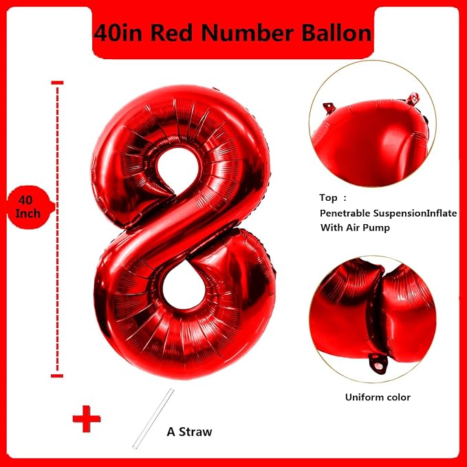 40 Inch Red Number 8 Balloon Large Red Foil Balloon Red 8 Balloons Mylar Helium - Image 2