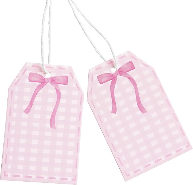 100Pcs Coquette Pink Bow Gift Tags with String Pink Buffalo Plaid Large Gift Tag with 65Ft White String Paper Gift Tag for Coquette Bow Baby Shower Birthday Bachelorette Wedding Gift Wrap Tag