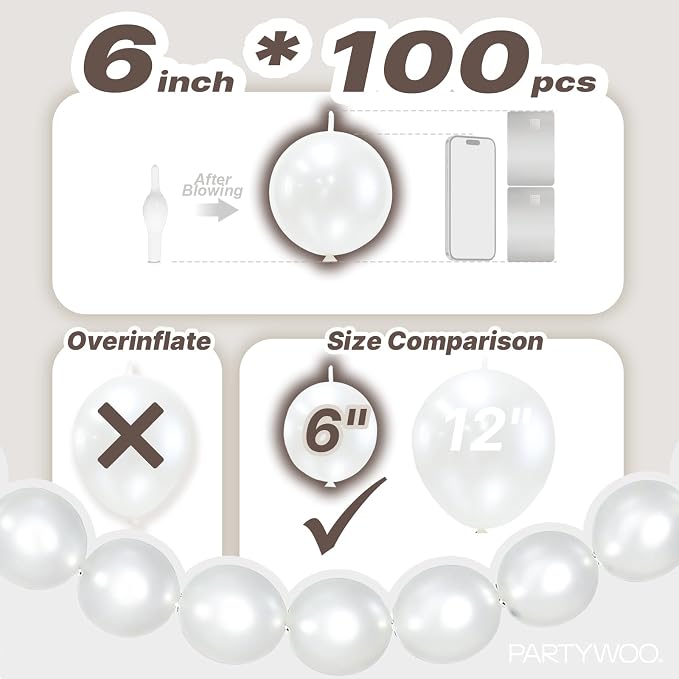 PartyWoo Pearl White Linking Balloons 100pcs 6 Inch White Link Balloons | - Image 4