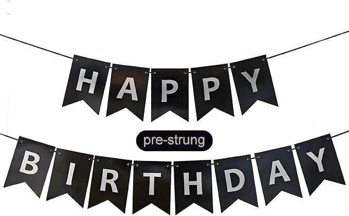 Black Happy Birthday Banner, Pre-Strung Black and Silver Birthday Party by ZgimiPartyHome