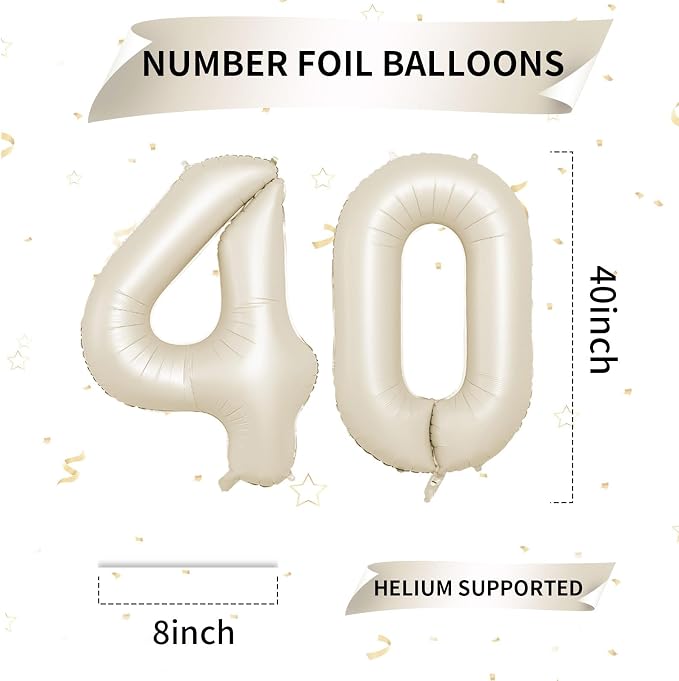 Biapian 40 Inch Cream Number 40 Balloon, 40th Birthday Balloons, Big Digital 40 - Image 2