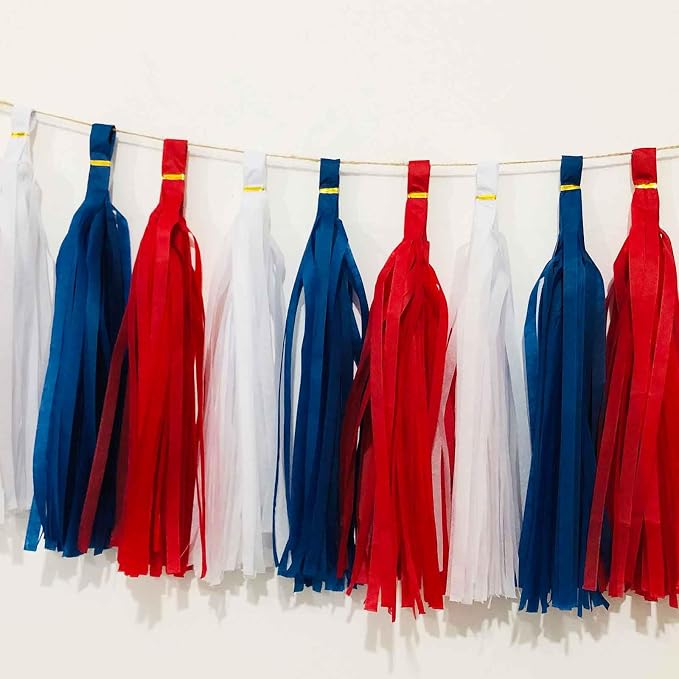We Moment Blue Red and White Tissue Paper Tassels Party Tassel Garland Banner - Image 2