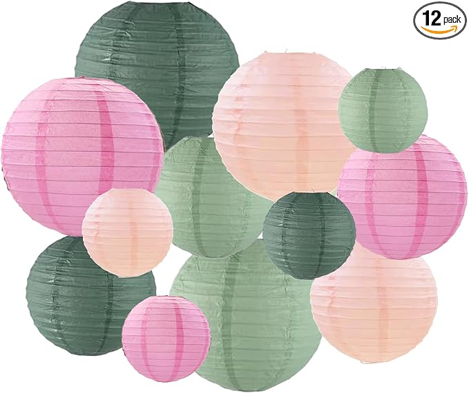 ZOOYOO Sage Green Pink Paper Lanterns, Boho Round Hanging Paper Lanterns by ZOOYOO