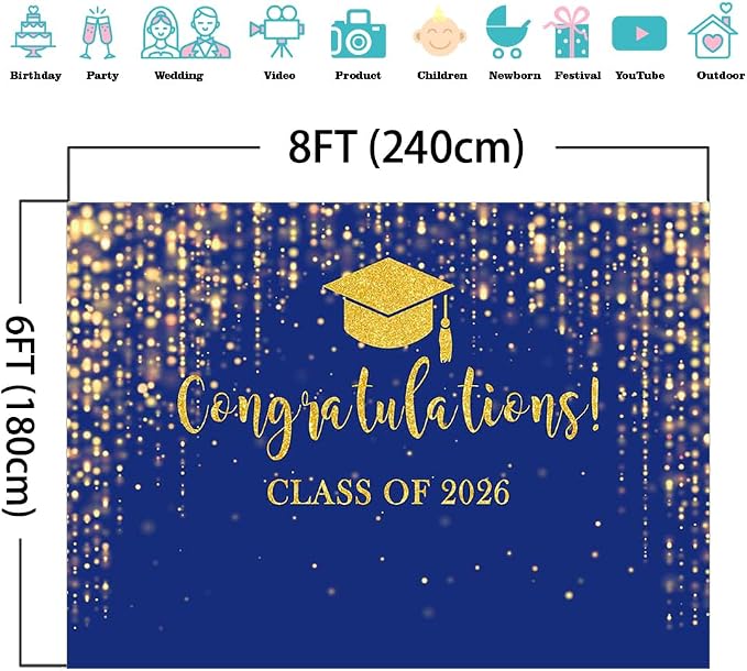 Mocsicka Class of 2026 Backdrop Blue Gold Glitter Bokeh Graduation Party - Image 4