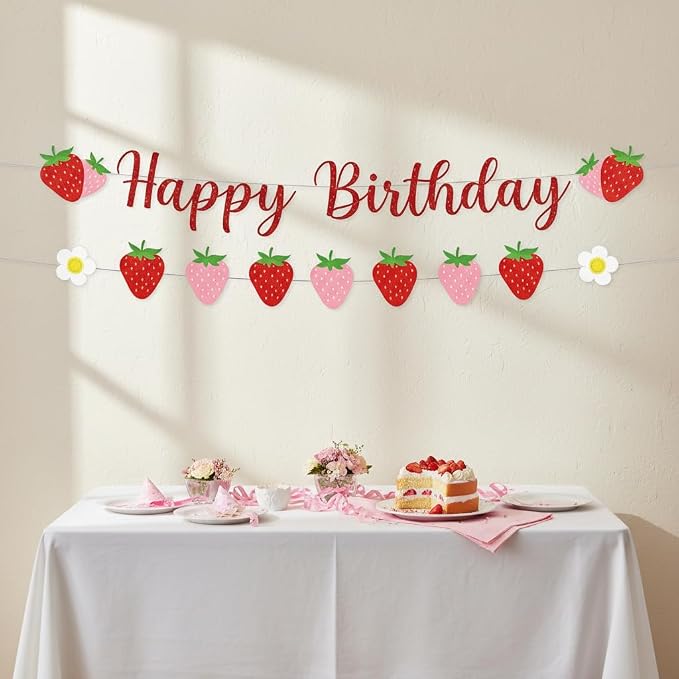 Strawberry Happy Birthday Banner, Strawberry Themed Birthday Party Decoration - Image 2