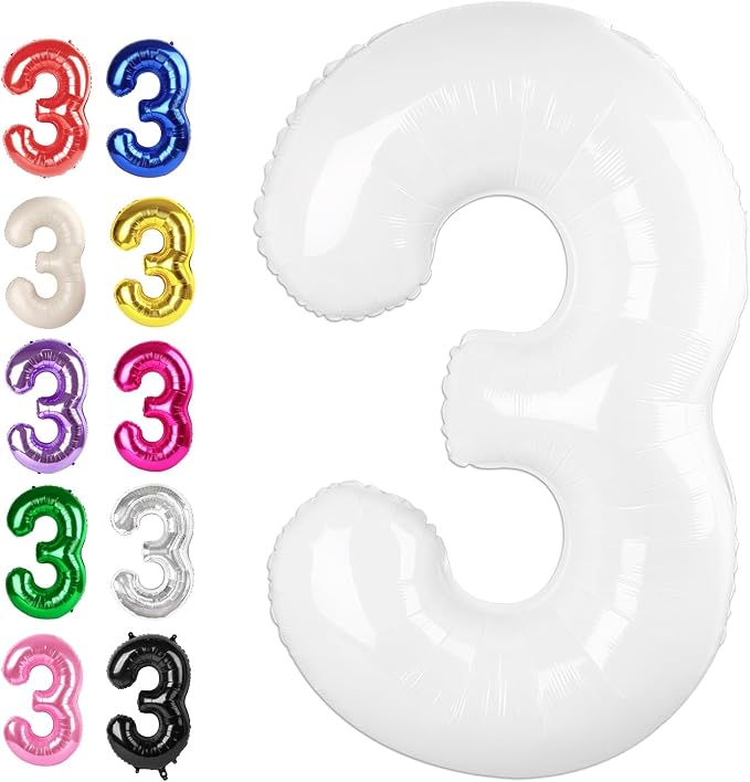 White Number 3 Balloon 40 inch, Balloon numbers party supplies, deco photo shoot by Upgesy