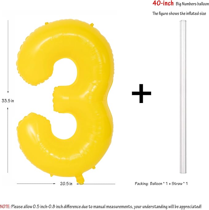 40 Inch Yellow Number 3 Foil Balloon Lemon Yellow Digital 3 Balloon | - Image 2