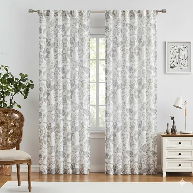 Kayne Studio Grey Jacobean Floral Rod Pocket Semi Sheer Curtains 84 Inches | - Image 2