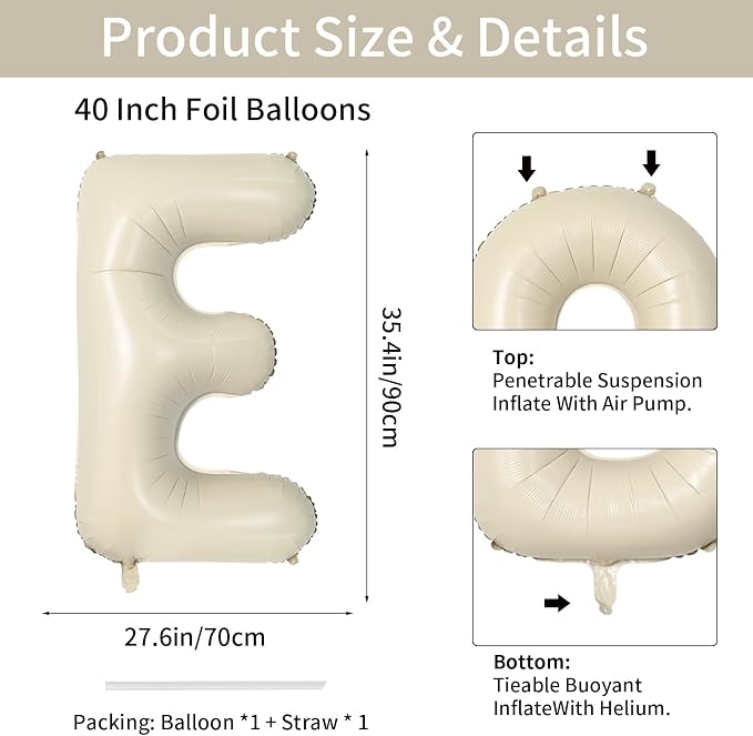 Biapian 40 Inch Letter E Balloons, Giant Cream E Foil Balloon, Big Single - Image 2