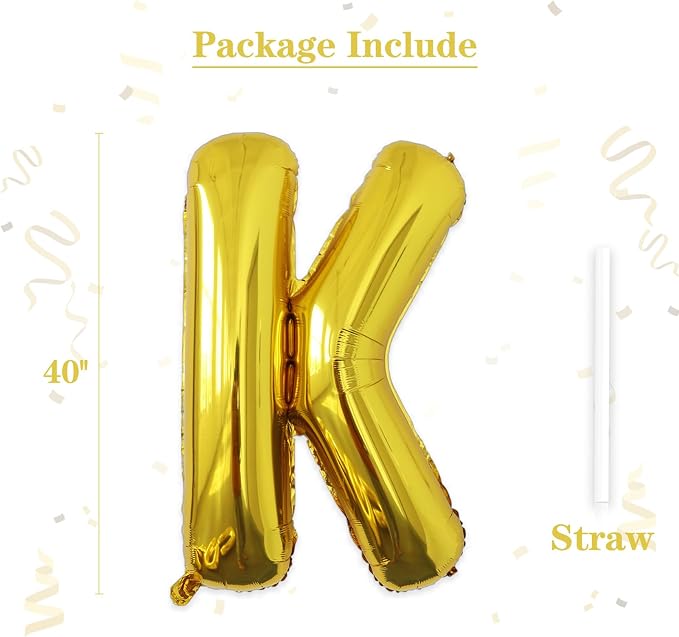 VHUWE 40 inch Gold Letter K Balloon, Big Size Alphabet Foil Mylar Helium - Image 2