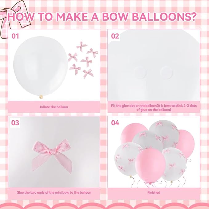 Pink Bow Balloons，32Pcs White Pink Balloons & 100Pcs Mini Ribbon Bows DIY Bow - Image 6