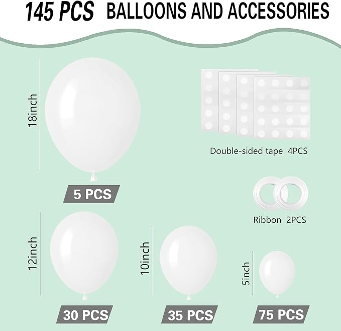 White Balloons 145pcs Different Sizes 5in 10in 12in 18in White Latex Balloon - Image 2