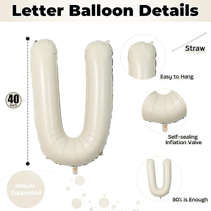 Big Letters Balloon U, 40 Inch Cream White Sand Helium Mylar Alphabet - Image 2