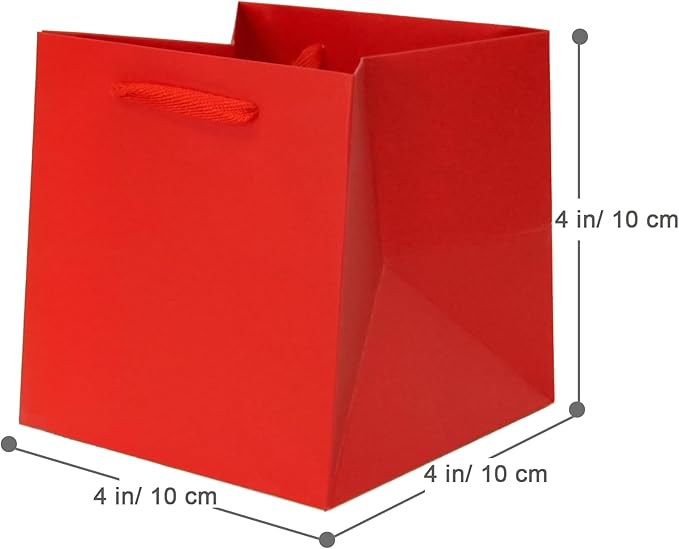 Red Paper Gift Bag 4 in Paper Box Small Square Bottom Kraft Paper Bags with Handles for Wedding Baby Shower Birthday Party (Red, 4 x 4 x 4 in, 10 CT)