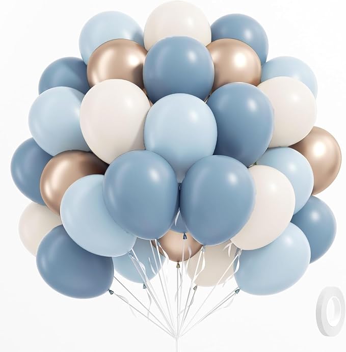 60pcs Dusty Blue Balloons with 12inch Sand White Metallic Gold Balloons | by BAUANOOY