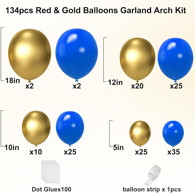 YMSZ Blue and Gold Balloons Arch Kit, Royal Blue Balloons | 134pcs Metallic - Image 2