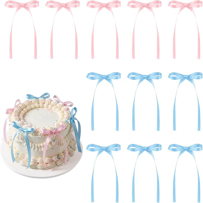 30 Pack Pink Blue Bow Cake Toppers Ribbon Bows by NatNarr