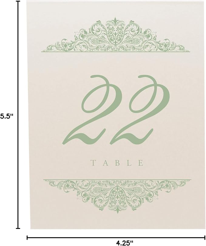 Paisley Wedding Table Numbers (Select Color/Quantity), Champagne, Sage, 1-80, Double Sided, Tent or Use in a Stand, Great for Parties & Restaurants - Made in the USA