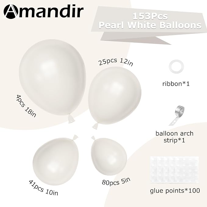 Amandir 153pcs Pearl White Balloons Arch Garland Kit Different Sizes | 18 12 10 - Image 3
