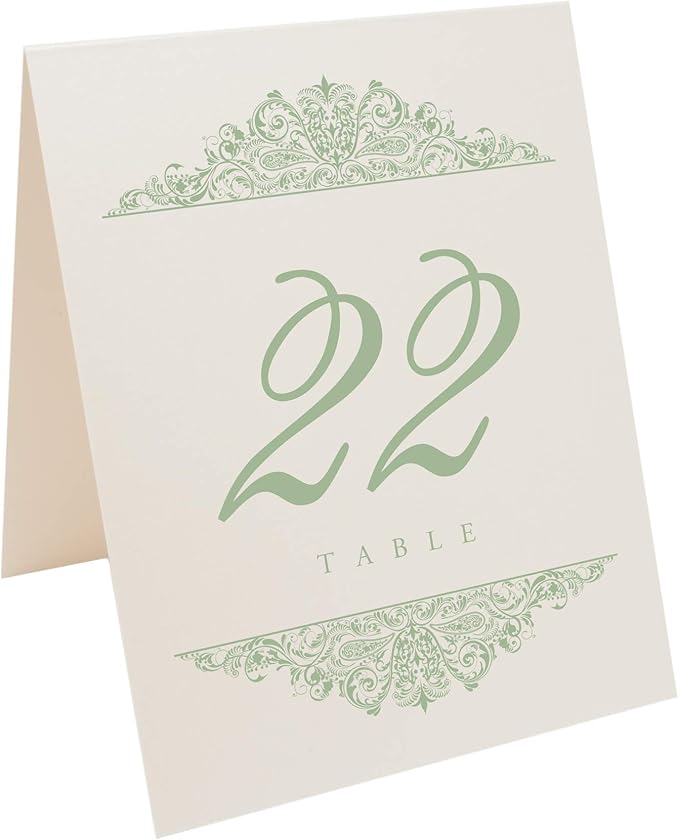 Paisley Wedding Table Numbers (Select Color/Quantity), Champagne, Sage, 1-80, Double Sided, Tent or Use in a Stand, Great for Parties & Restaurants - Made in the USA