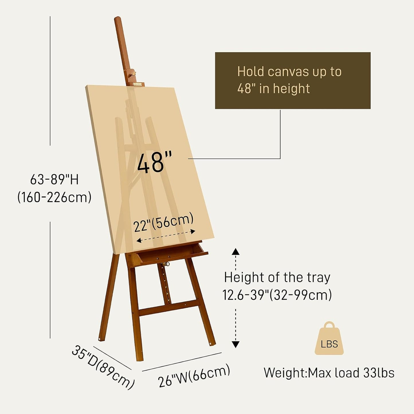 ATWORTH Studio Art Easel, Solid Beech Wood Artist Easel,Hold Canvas up to 48”, Adjustable A-Frame Lyre Style Painting Easel Stand with Storage Tray, Light Teak