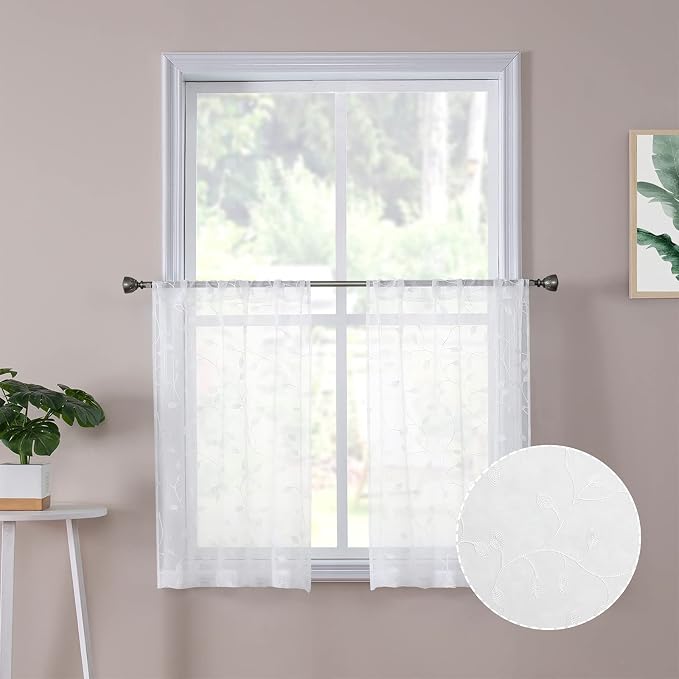 Tollpiz Leaves Sheer Tier Curtain White Leaf Embroidery Kitchen Half Curtains by Tollpiz