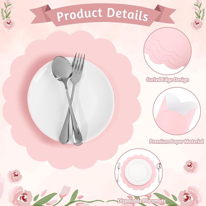 60 Pcs Light Pink Paper Placemats, 13.5 Inch Scalloped Table Mats | Thick Paper - Image 4