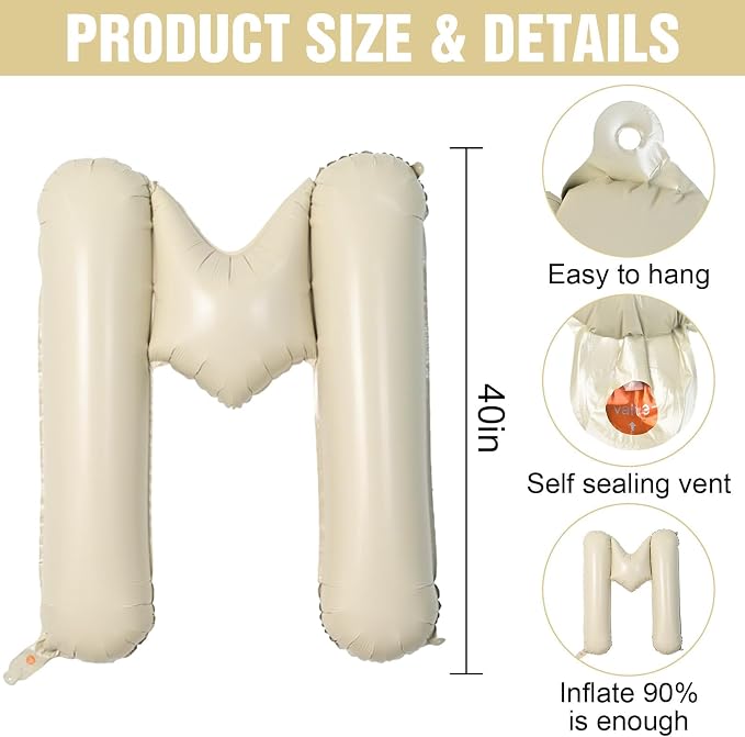 Cream M Letter Balloons, 40 Inch Letter M Balloon Beige, Helium Custom Letter - Image 2