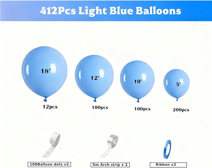 412pcs Light Blue Balloons Different Sizes 18 12 10 5 Inch, baby blue balloon - Image 2