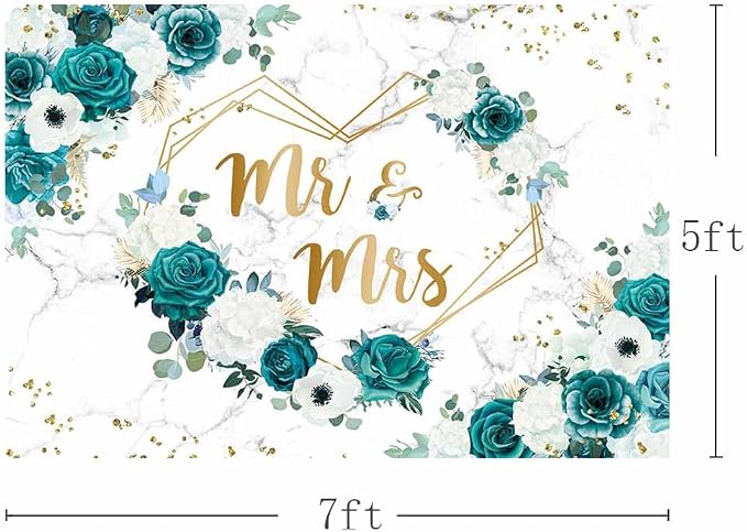 AIBIIN 7x5ft Green Mr and Mrs Floral Backdrop Teal Wedding Photography - Image 3