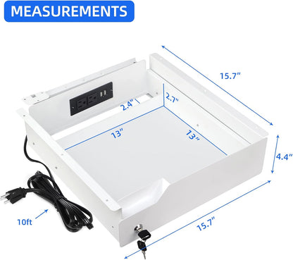 Lumil Under Desk Mounted Drawer Lockable with 3 Prong Extension Cord 10 FT with Multiple Outlets and Foldable Cable Management Arm for Office Desk 15.7" (W) x 15.7" (D) x 4.4" (H), White
