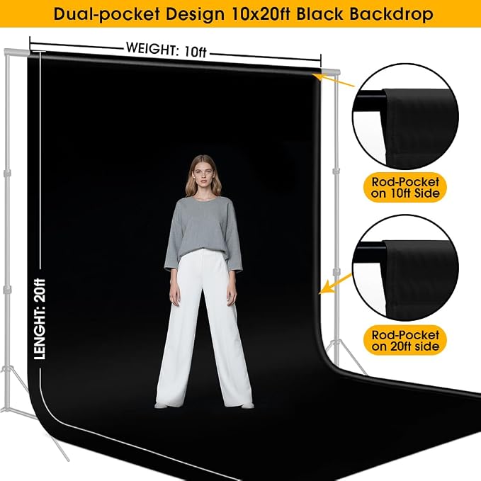 CPLIRIS 10x20ft Black Backdrop for Photography, Dual-Size Dual-Pocket Design - Image 2