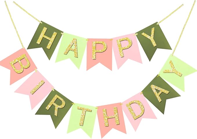 Letjolt Green Pink Happy Birthday Banner Handmade Girls Party 13pcs | Birthday by Letjolt