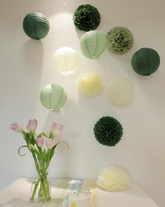Green Birthday Party Decorations Paper Lanterns and Pom Poms 15pcs Set | Baby - Image 6