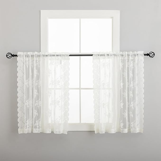 Kotile Ivory Lace Kitchen Curtains Rustic Floral W42 x L36 Inch, 2 Panels | Rod - Image 6
