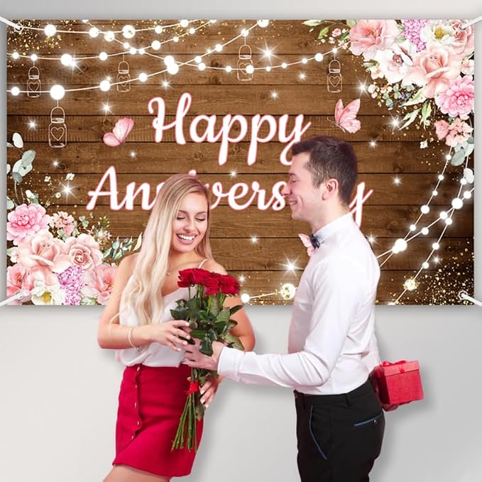 AIBIIN Happy Anniversary Backdrop Photography Background Pink Floral Wedding - Image 4