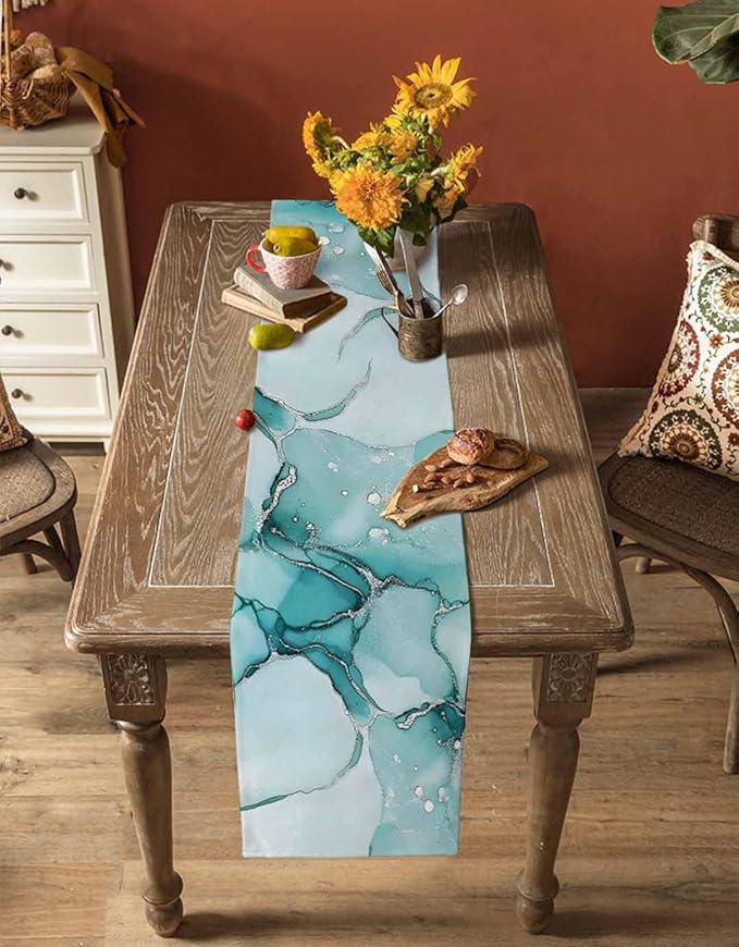 Turquoise Marble Cotton Linen Table Runner for Dining Kitchen, Wedding Outdoor Party Tablerunners Decoration, Nature Marble Crack Country Retro Dresser Scarf Coffee Tablecloth Runners 13x108 Inches