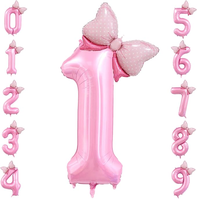 40 inch Number 1 Balloon with Bow Pink Happy Birthday Jumbo Number Balloon by OIBUTUR