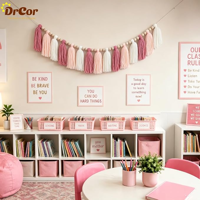DrCor Blush Pink Tassel Garland – Boho Classroom Decor | - Image 3