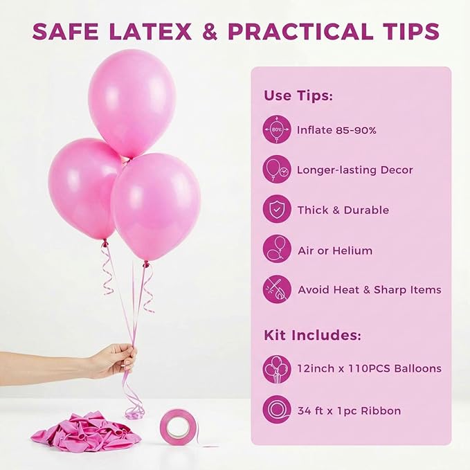 LOVESTOWN 110 PCS Pink Balloons, 12 Inch Bright Pink Latex Balloons | Birthday - Image 7