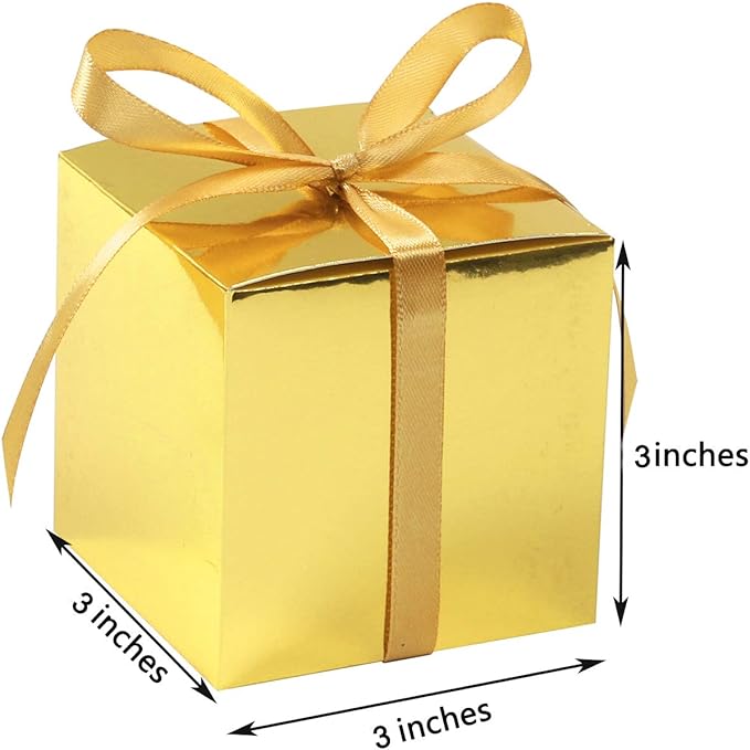 COTOPHER 100pcs Wedding Favor Boxes, Paper Gift Boxes 3x3x3 Inches Small Gift Boxes with Ribbons Small Boxes for Gifts, Crafting, Cupcake, Candy, Bridesmaid Proposal Boxes (Metallic Gold)