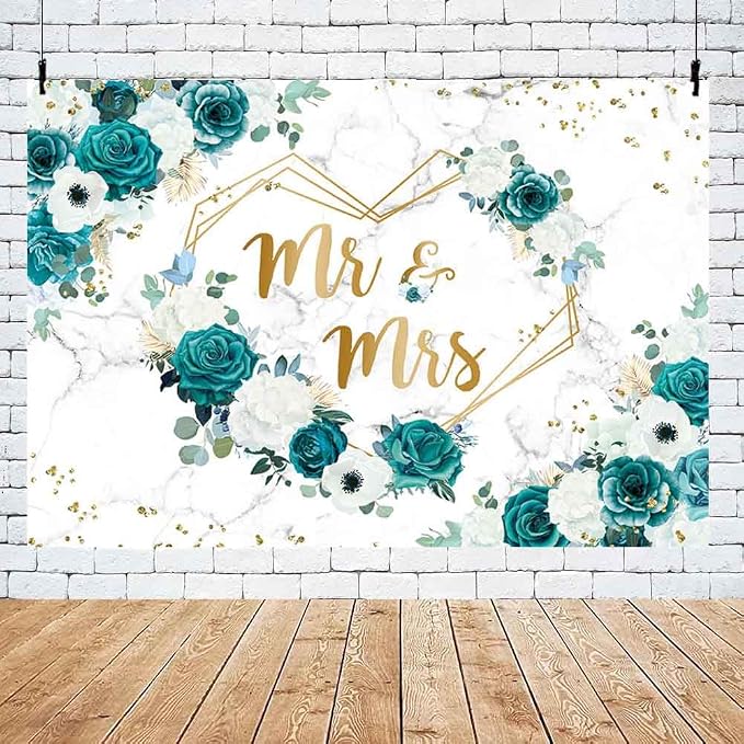 AIBIIN 7x5ft Green Mr and Mrs Floral Backdrop Teal Wedding Photography - Image 5