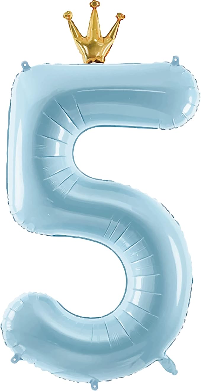 Number 5 Foil Balloon with Crown, 40-Inch Light Blue | Light blue number 5 foil by GifloonOfficial