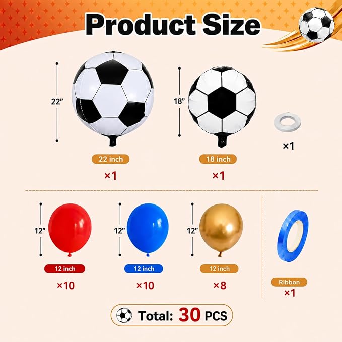 Soccer Balloons, 12 Inch Red and Blue Metallic Gold Latex Balloons - Image 2