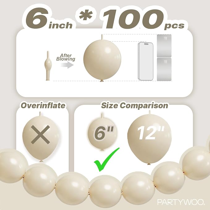 PartyWoo White Sand Linking Balloons 100pcs 6 Inch Off White Link Balloons | - Image 4