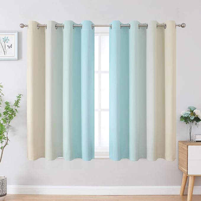 Aqua and Beige Ombre Blackout Curtains 45 Inch Length, Light Blocking Gradient - Image 2