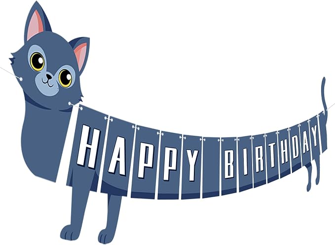 Cat Happy Birthday Banner Blue Cat Banner Bunting Flag Garland Birthday Party by Adecortalk