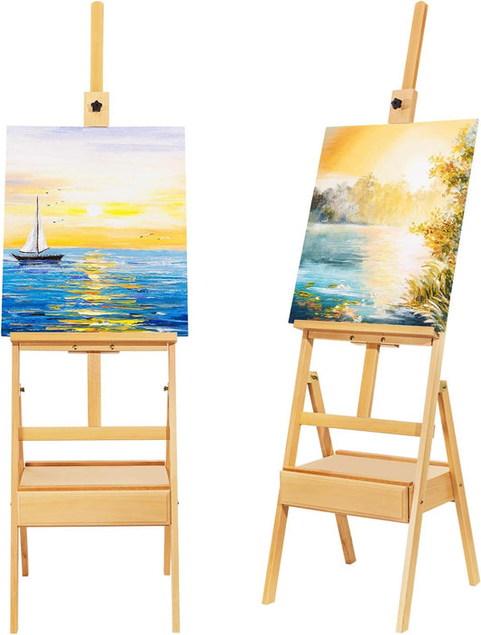 Large Adjustable Beech Wood Painting Easel with Storage Drawer (60"~74" H), Holds up to 36", Art Easel for Adults Artist Beginners Students