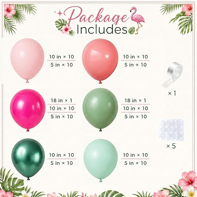 Tropical Flamingo Balloon Arch Garland Kit, Hot Pink Metallic Green Light Pink - Image 2
